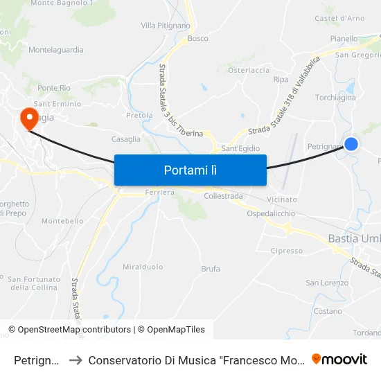 Petrignano to Conservatorio Di Musica "Francesco Morlacchi" map