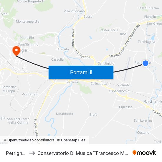 Petrignano to Conservatorio Di Musica ""Francesco Morlacchi"" map