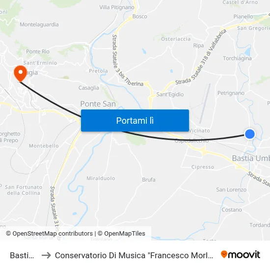 Bastiola to Conservatorio Di Musica "Francesco Morlacchi" map