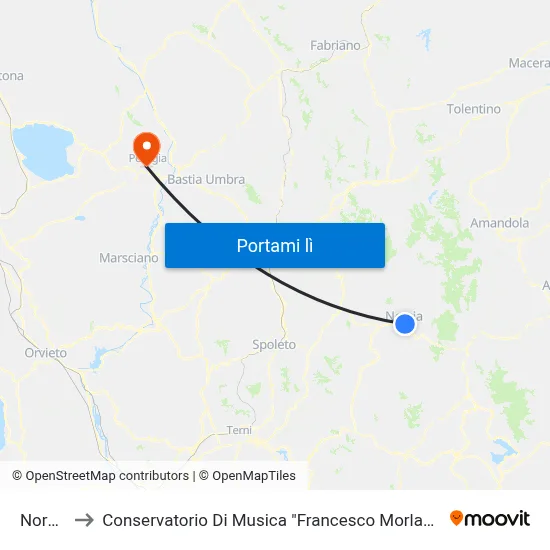 Norcia to Conservatorio Di Musica "Francesco Morlacchi" map
