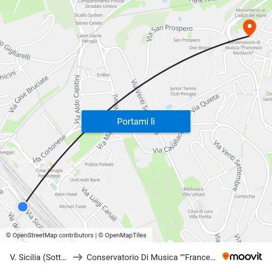 V. Sicilia (Sottopasso) to Conservatorio Di Musica "Francesco Morlacchi" map