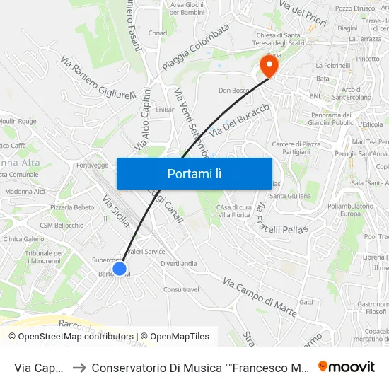 Via Caprera to Conservatorio Di Musica "Francesco Morlacchi" map