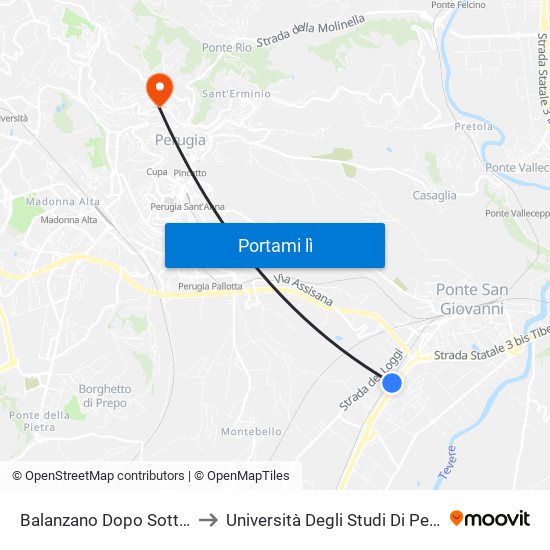 Balanzano Dopo Sottovia to Università Degli Studi Di Perugia map