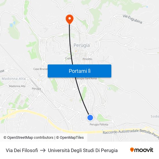 Via Dei Filosofi to Università Degli Studi Di Perugia map