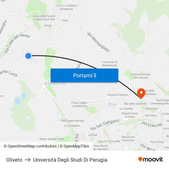 Oliveto to Università Degli Studi Di Perugia map