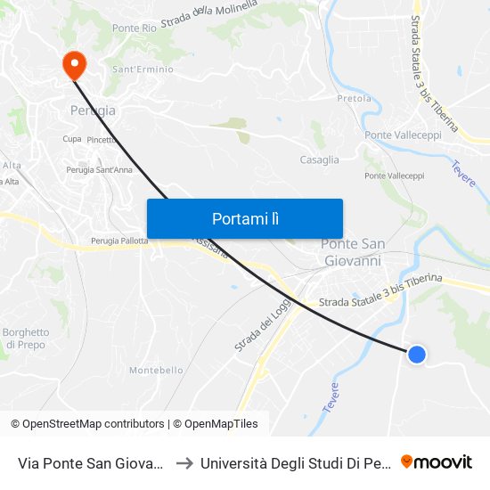 Via Ponte San Giovanni 1 to Università Degli Studi Di Perugia map