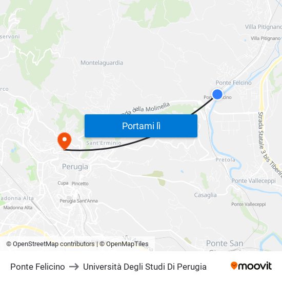Ponte Felicino to Università Degli Studi Di Perugia map