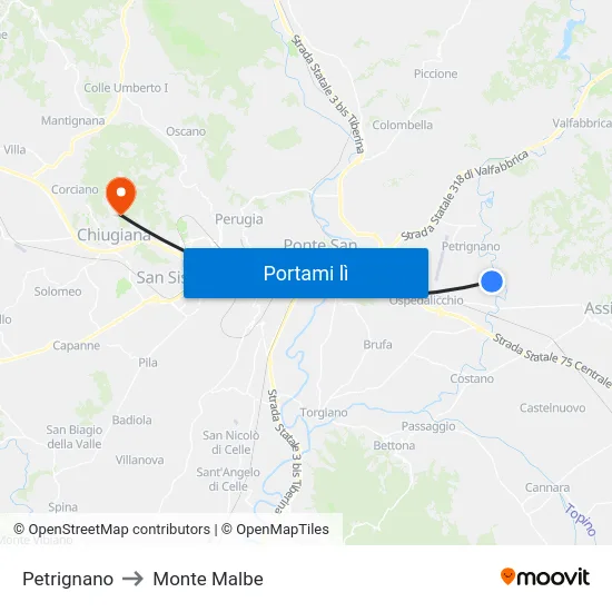 Petrignano to Monte Malbe map