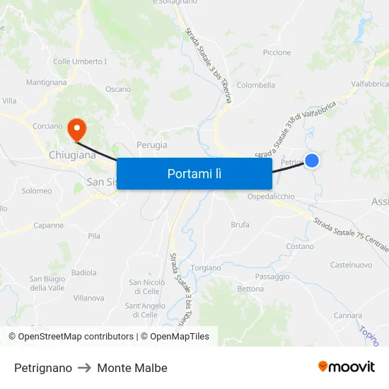 Petrignano to Monte Malbe map