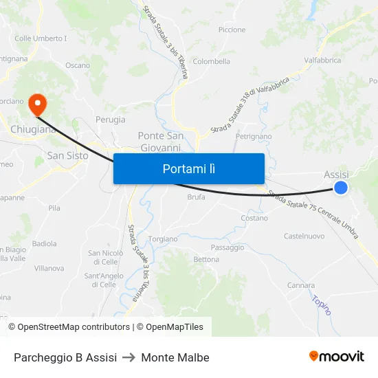 Parcheggio B Assisi to Monte Malbe map