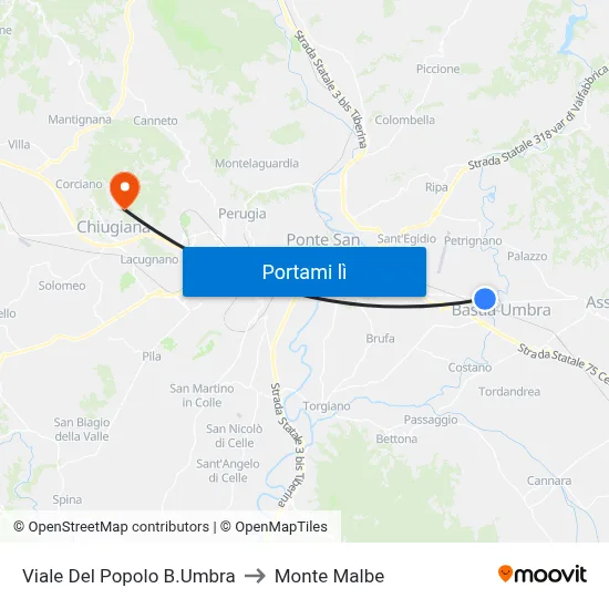 Viale Del Popolo B.Umbra to Monte Malbe map