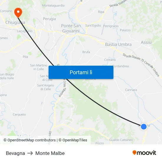 Bevagna to Monte Malbe map