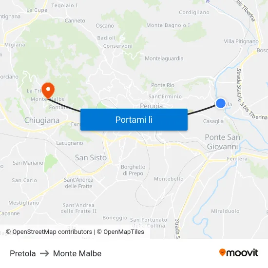 Pretola to Monte Malbe map