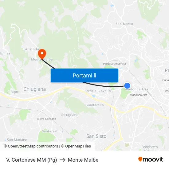 V. Cortonese M​M (Pg) to Monte Malbe map