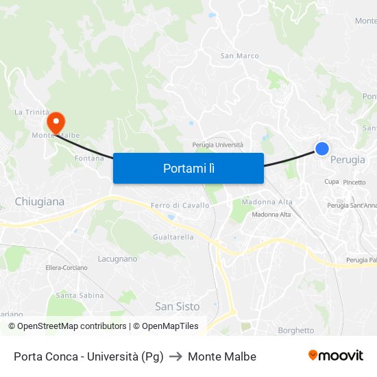 Porta Conca - Università (Pg) to Monte Malbe map