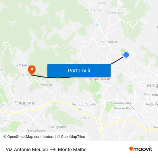 Via Antonio Meucci to Monte Malbe map