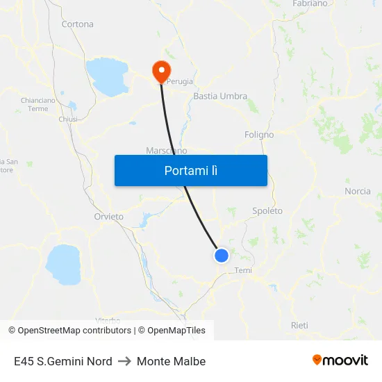 E45 S.Gemini Nord to Monte Malbe map