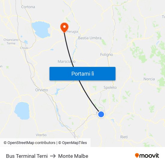 Bus Terminal Terni to Monte Malbe map