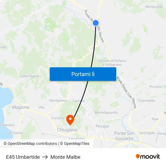 E45 Umbertide to Monte Malbe map