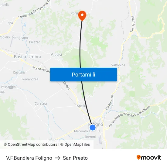 V.F.Bandiera Foligno to San Presto map