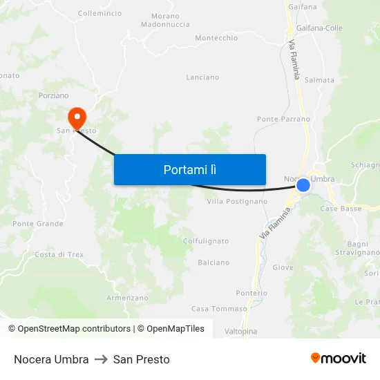 Nocera Umbra to San Presto map