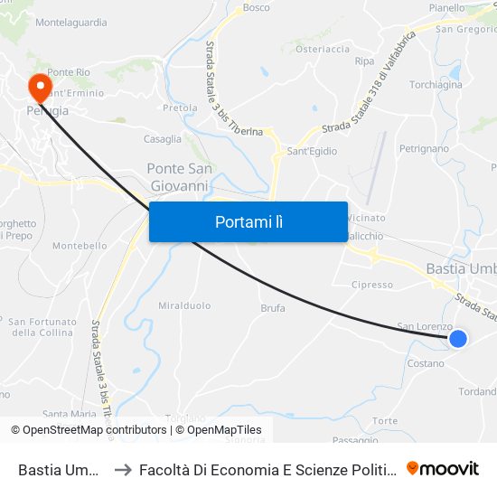 Bastia Umbra to Facoltà Di Economia E Scienze Politiche map