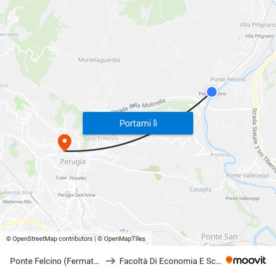 Ponte Felcino (Fermata A Richiesta) to Facoltà Di Economia E Scienze Politiche map