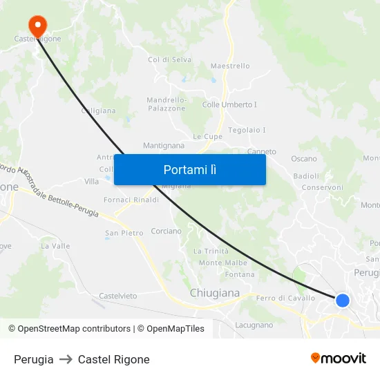 Perugia to Castel Rigone map