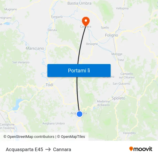 Acquasparta E45 to Cannara map