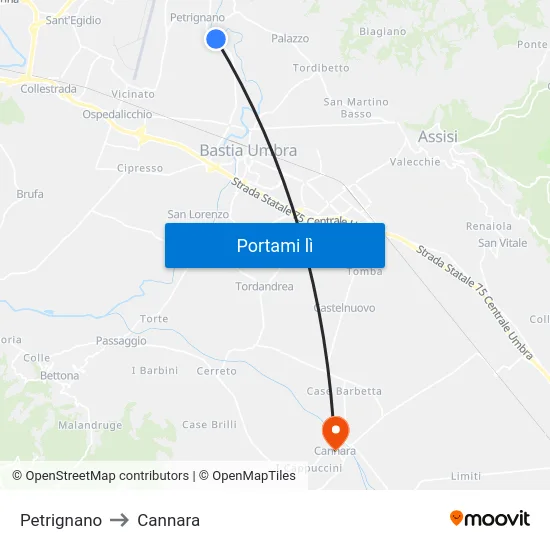 Petrignano to Cannara map