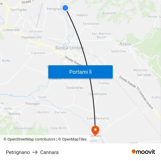 Petrignano to Cannara map