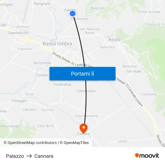 Palazzo to Cannara map