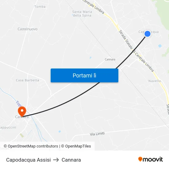 Capodacqua Assisi to Cannara map