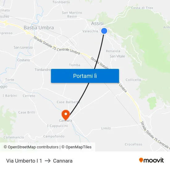 Via Umberto I 1 to Cannara map