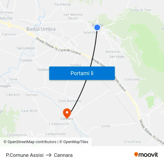 P.Comune Assisi to Cannara map