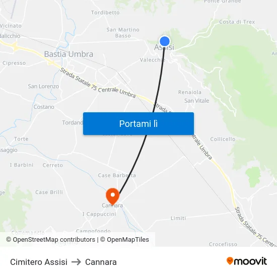Cimitero Assisi to Cannara map