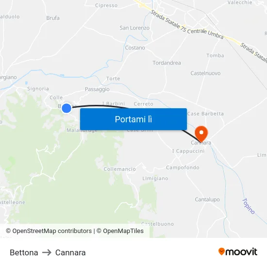 Bettona to Cannara map