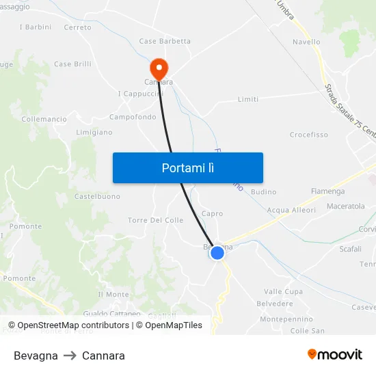 Bevagna to Cannara map
