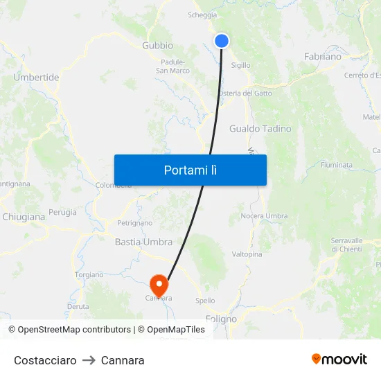 Costacciaro to Cannara map