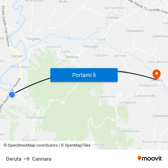 Deruta to Cannara map