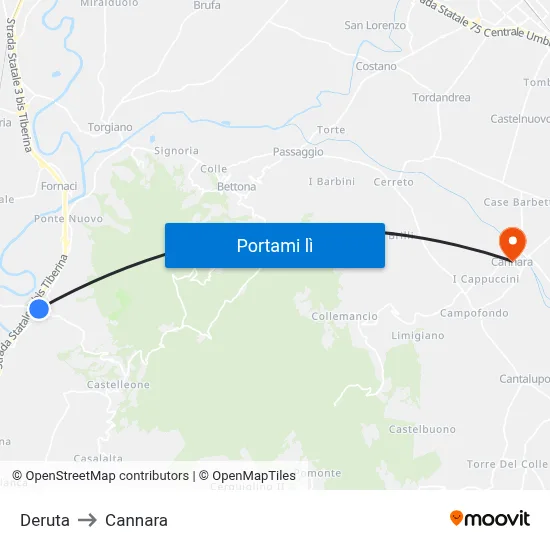 Deruta to Cannara map