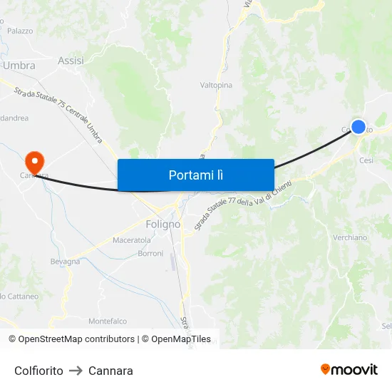 Colfiorito to Cannara map