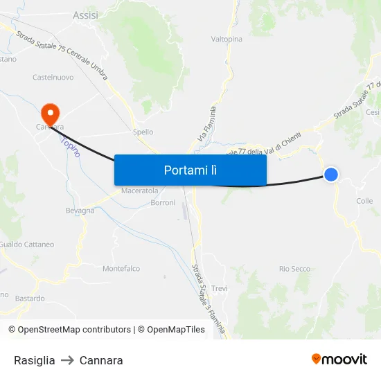 Rasiglia to Cannara map
