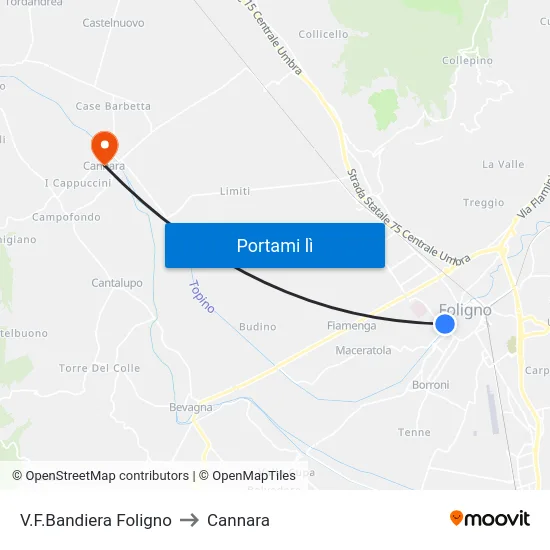 V.F.Bandiera Foligno to Cannara map
