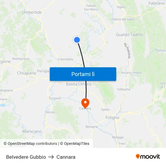 Belvedere Gubbio to Cannara map