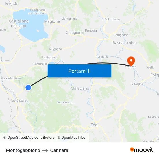 Montegabbione to Cannara map