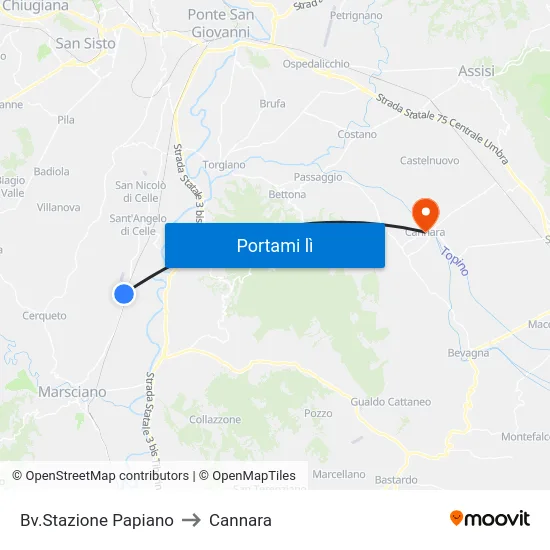 Bv.Stazione Papiano to Cannara map