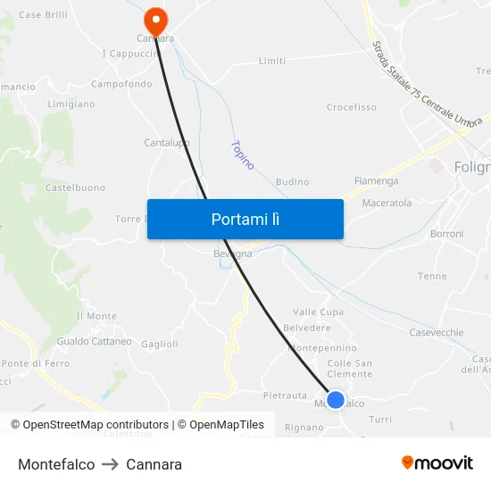 Montefalco to Cannara map