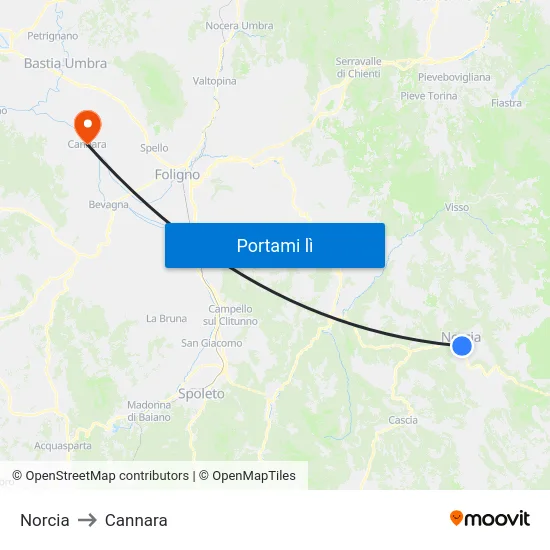 Norcia to Cannara map