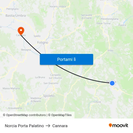 Norcia Porta Palatino to Cannara map
